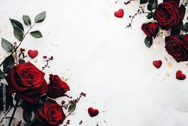 Fototapeta Frame, romantic arrangement of red roses and heart decorations for special occasions and celebrations. Concept of Saint Valentine Day and 8 Mart celebration.