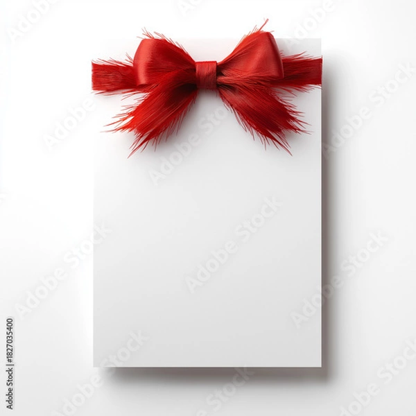 Fototapeta White Blank Card with Decorative Red Ribbon and Feather Bow