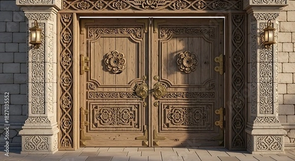 Obraz Ornate and intricately carved antique wooden double doors with decorative metal hardware set within a stone facade and flanked by illuminated pillars suggesting a grand entrance