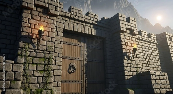 Obraz Ancient stone castle gate with flickering torches and a dramatic mountain backdrop bathed in golden sunlight creating a sense of mystery and adventure