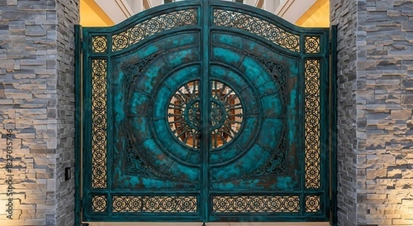 Obraz Ornate and intricate antique wrought iron gate with a striking teal patina and golden accents set against a textured stone wall illuminated by warm ambient light