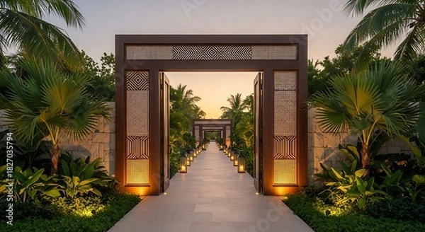 Obraz Elegant wooden gateway with intricate carvings leading down a tropical pathway lined with lush palm trees and soft ambient lighting at dusk