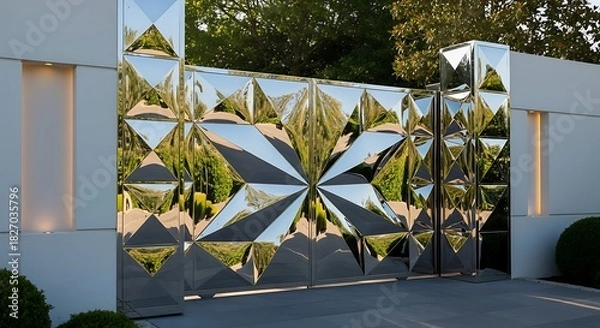 Obraz Modern abstract geometric gate with reflective polished metal surface mirroring lush green garden foliage and trees creating a striking visual illusion of depth and light