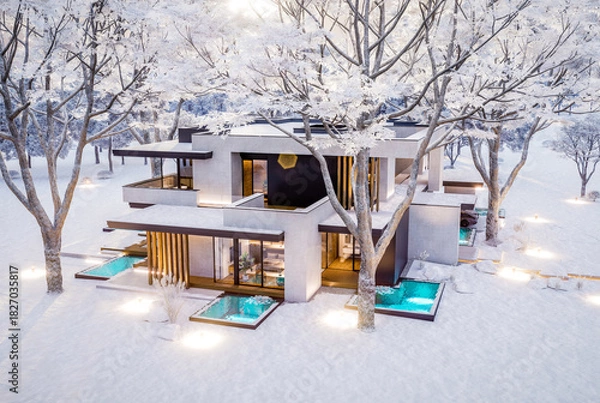Obraz 3d rendering of two-story house with parking and pool for sale or rent with concrete facade and beautiful landscaping on background. Cool winter day with shiny white snow
