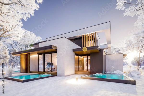 Obraz 3d rendering of two-story house with parking and pool for sale or rent with concrete facade and beautiful landscaping on background. Cool winter day with shiny white snow