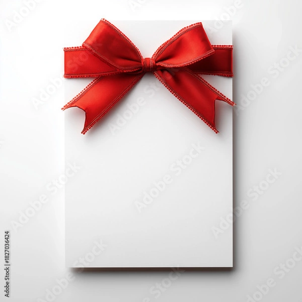 Fototapeta White Blank Card with Decorative Red Ribbon and Feather Bow