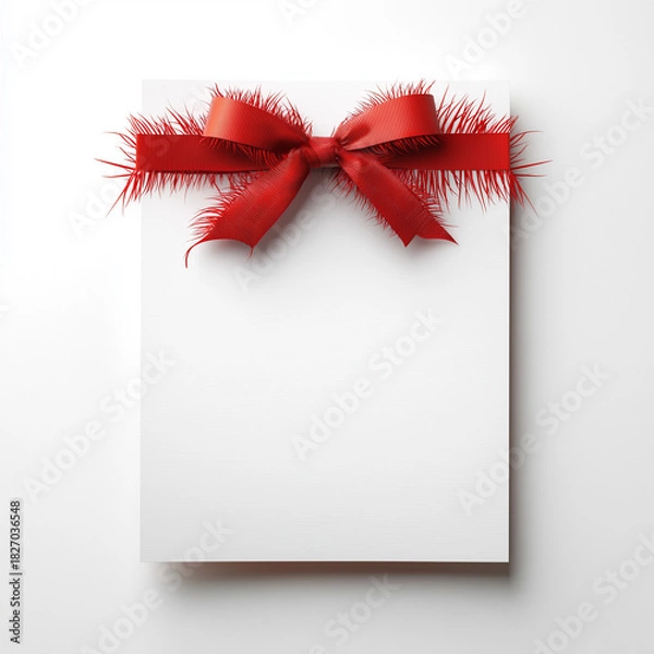 Fototapeta White Blank Card with Decorative Red Ribbon and Feather Bow