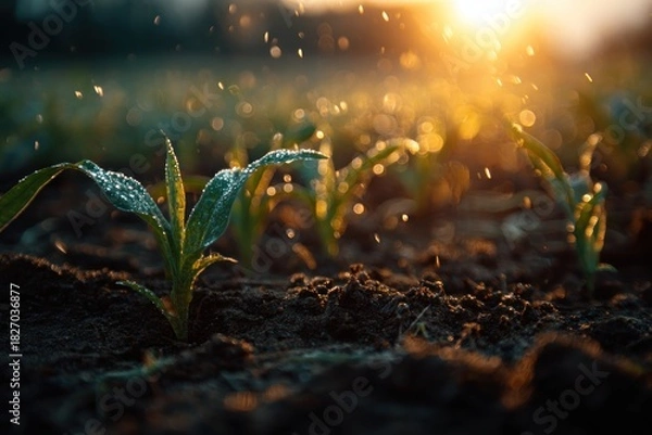 Fototapeta Young Corn Plants Sprouting in Field at Sunset with Water Droplets.