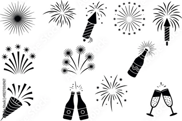 Fototapeta Black vector icons of fireworks and celebration bottles
