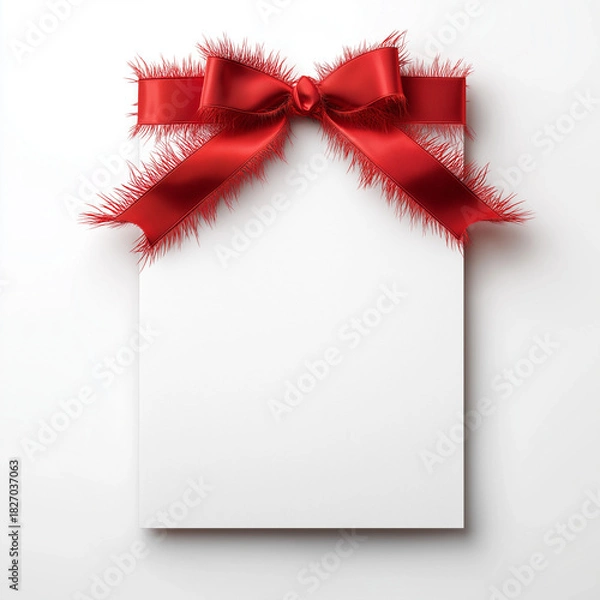 Fototapeta White Blank Card with Decorative Red Ribbon and Feather Bow