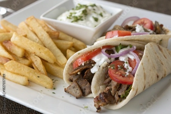 Fototapeta two greek gyros with shaved lamb and french fries 2