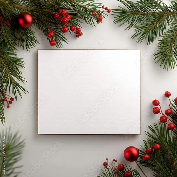 Fototapeta Christmas Pine Branches with Red Berries on White Background with Copy Space
