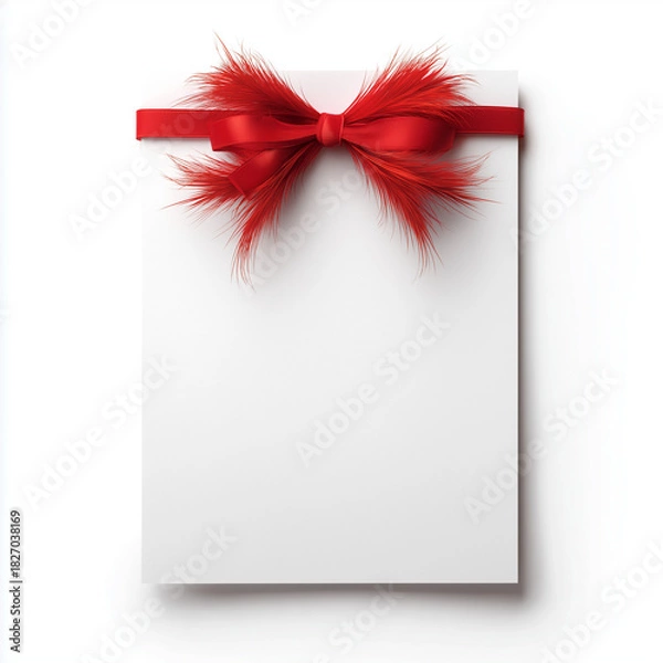 Fototapeta White Blank Card with Decorative Red Ribbon and Feather Bow
