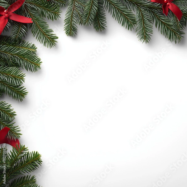Fototapeta Christmas Pine Branch Frame with Red Berries on White Background