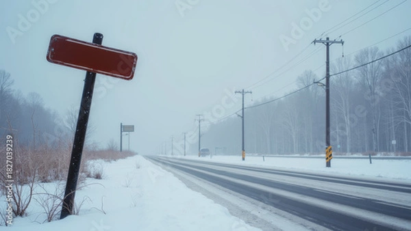 Fototapeta Realistic winter scene with broken twisted street sign pole, damaged street sign pole partially buried in snow on icy road under muted sky