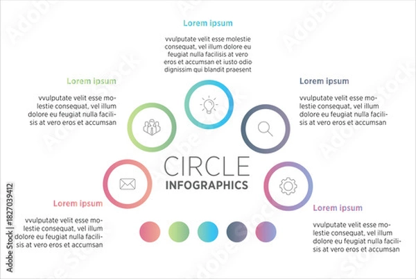 Fototapeta PrA five‑circle infographic displays information through five distinct or linked circles, each representing a step, category, or idea. Inside every circle, a short label or icon highlights the key int