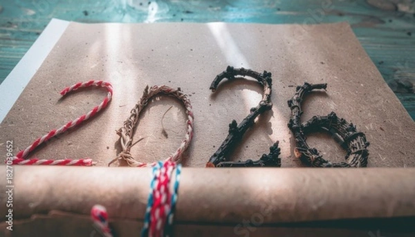 Fototapeta 2026 zero waste new year concept. Artistic display of the year 2026 on textured paper.