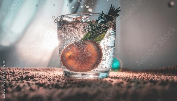 Fototapeta 2026 zero waste new year concept. Refreshing drink with a splash of fruit and bubbles.