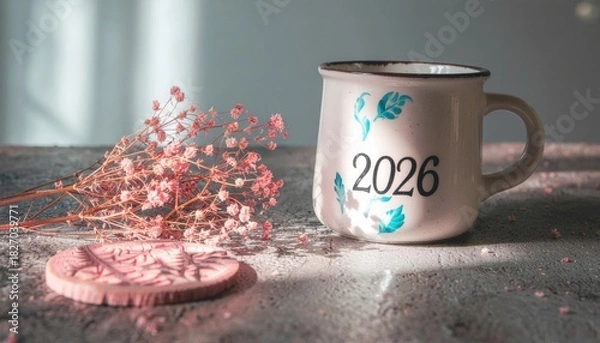 Fototapeta 2026 zero waste new year concept. Ceramic mug with floral design and 2026, alongside dried flowers.