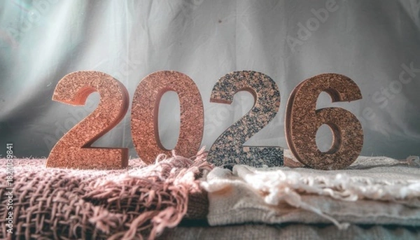 Fototapeta 2026 zero waste new year concept. Decorative numbers representing the year 2026 on textured fabric.