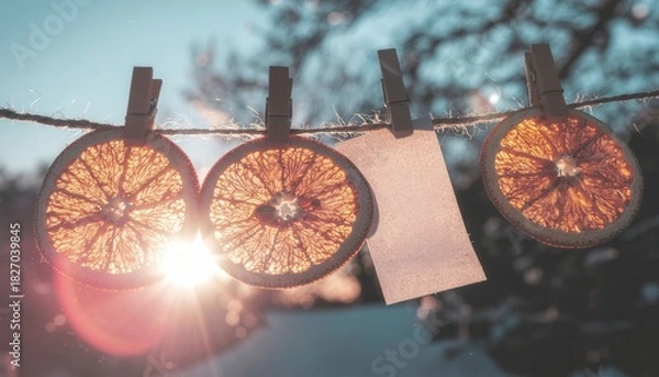 Fototapeta 2026 zero waste new year concept. Dried citrus slices hanging on a line with a sunlight backdrop.