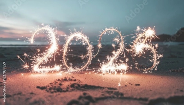 Fototapeta 2026 zero waste new year concept. Sparkling numbers 2023 on a beach at twilight.