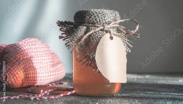 Fototapeta 2026 zero waste new year concept. Homemade jar of preserves with rustic decoration and twine.