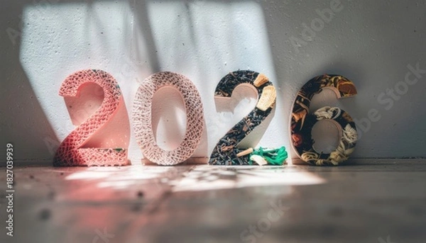 Fototapeta 2026 zero waste new year concept. Decorative numbers representing the year 2026 on a textured surface.