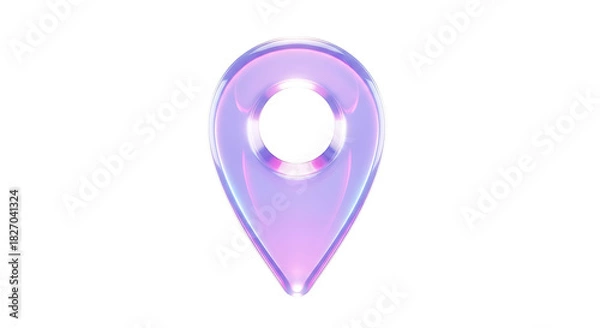 Obraz Sleek 3D rendering of a translucent iridescent map pin, a futuristic symbol for GPS navigation, location, and destination on a white background