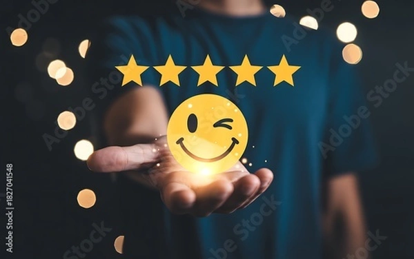 Fototapeta Customer satisfaction with five star rating and happy face