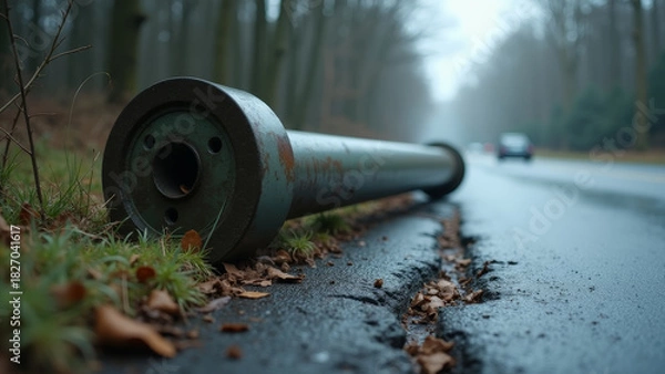 Fototapeta Detailed fallen signpost in storm close up of metal post on roadside with broken concrete base and wet asphalt