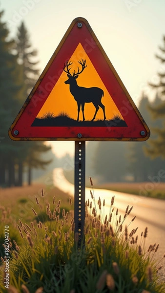 Fototapeta Vivid deer warning triangle on rural road with tall grass and soft morning sunlight