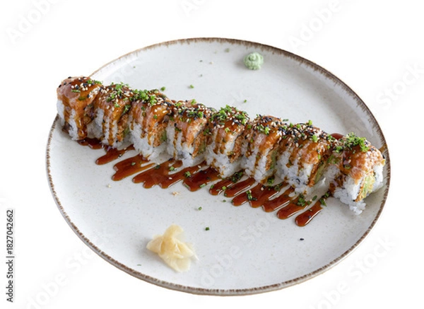 Obraz Sushi roll with sauce, sesame, and chives served on plate