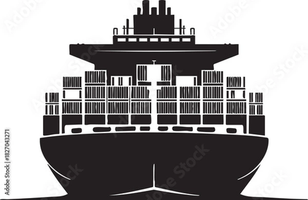 Fototapeta Bold black ship filled with cargo containers navigates through the sea, a silhouette