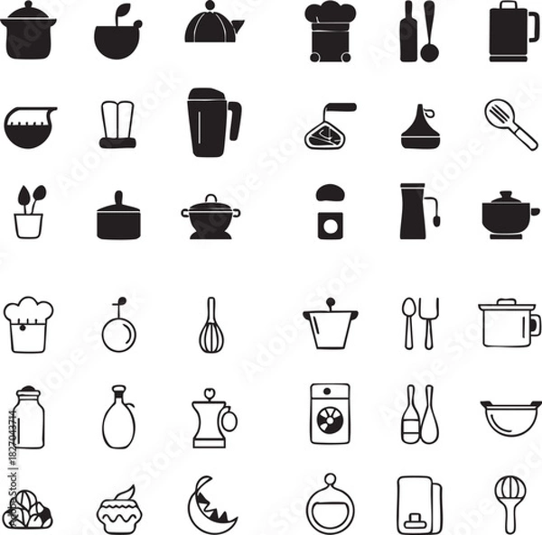 Obraz Many different kitchen utensils in solid black are placed on a white background