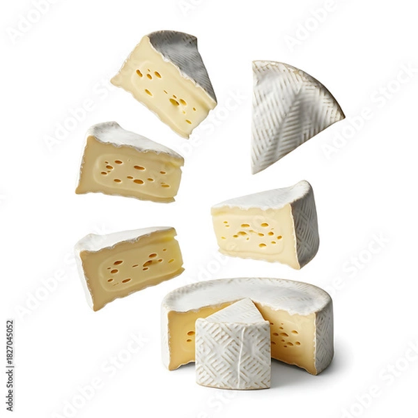 Obraz Delicious Pieces of Brie Cheese Floating Against a White Background A Culinary Delight