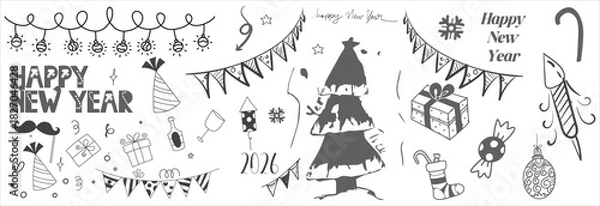Fototapeta Handdrawn Happy New Year and Marry Christmas Doodle icon set
