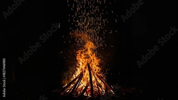 Obraz A bonfire with sparks and flames burning intensely in the dark.