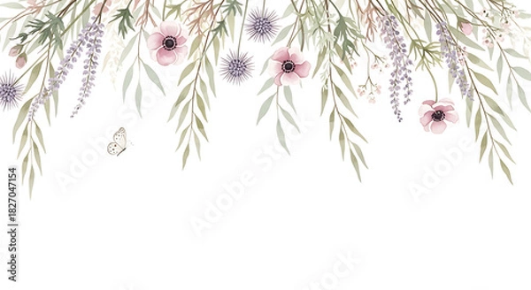 Obraz Delicate Watercolor Floral Arrangement with a Butterfly Accent