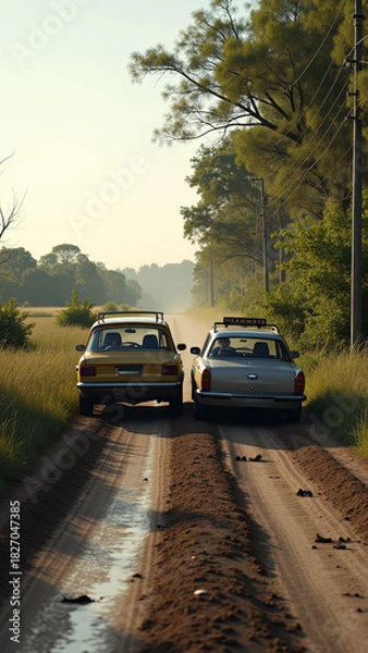 Fototapeta Cinematic rear end collision scene on rural road with vehicles pushed together and skid marks on wet dirt
