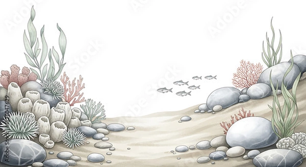 Obraz Vibrant Underwater Seascape Illustration with Diverse Marine Life, Coral, and Rocks, Offering a Serene Background for Text or Design Elements