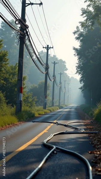Obraz Realistic dangerous downed electrical cable on asphalt road with broken pole and dramatic natural lighting