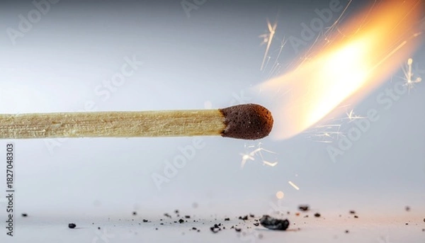 Fototapeta Matchstick ignites with bright flame and sparks as it burns, highlighting the moment of combustion in a simple setting