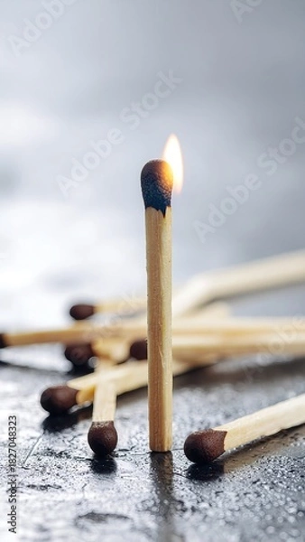 Fototapeta Lighted match stands among unlit matches on a wet surface, creating a striking visual in a low-light setting