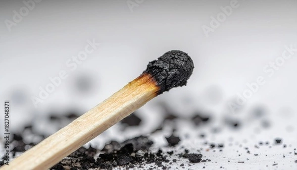 Obraz Charred matchstick resting on a surface with scattered match head remnants showing details of burning