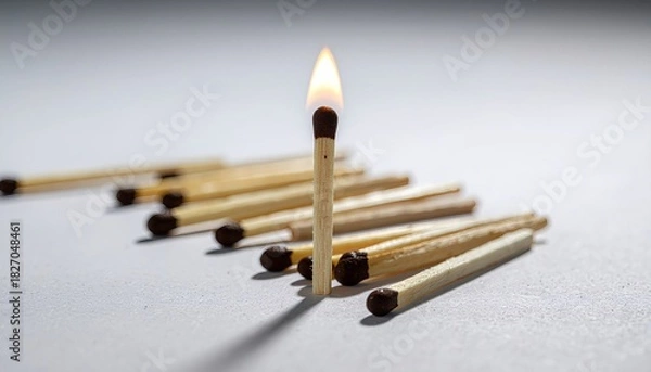 Obraz Wooden matches arranged with one matchstick lit against a light background in a simple setup