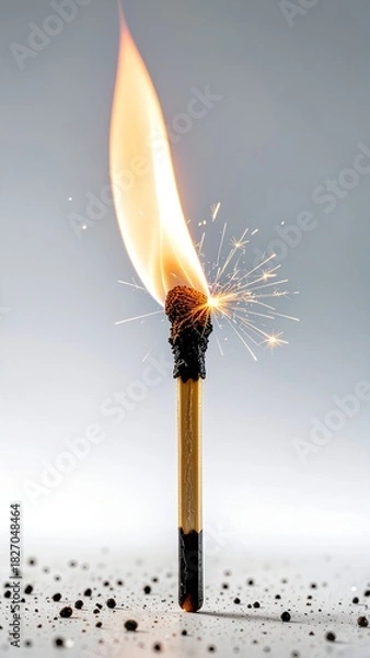Obraz Flame igniting from a matchstick with sparks and a soft gray background in a minimalistic setting during daytime