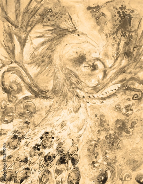 Fototapeta Sepia vintage Phoenix w ogniu i płomieniu. Technika dabbing w pobliżu krawędzi daje efekt miękkiego ogniskowania ze względu na zmienioną chropowatość powierzchni papieru.