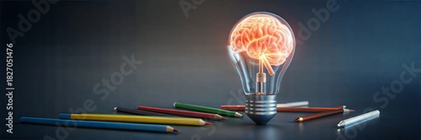 Fototapeta Idea light bulb with glowing brain and pencils
