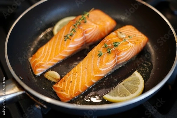 Obraz Pan-Fried Salmon Fillets with Lemon and Herbs